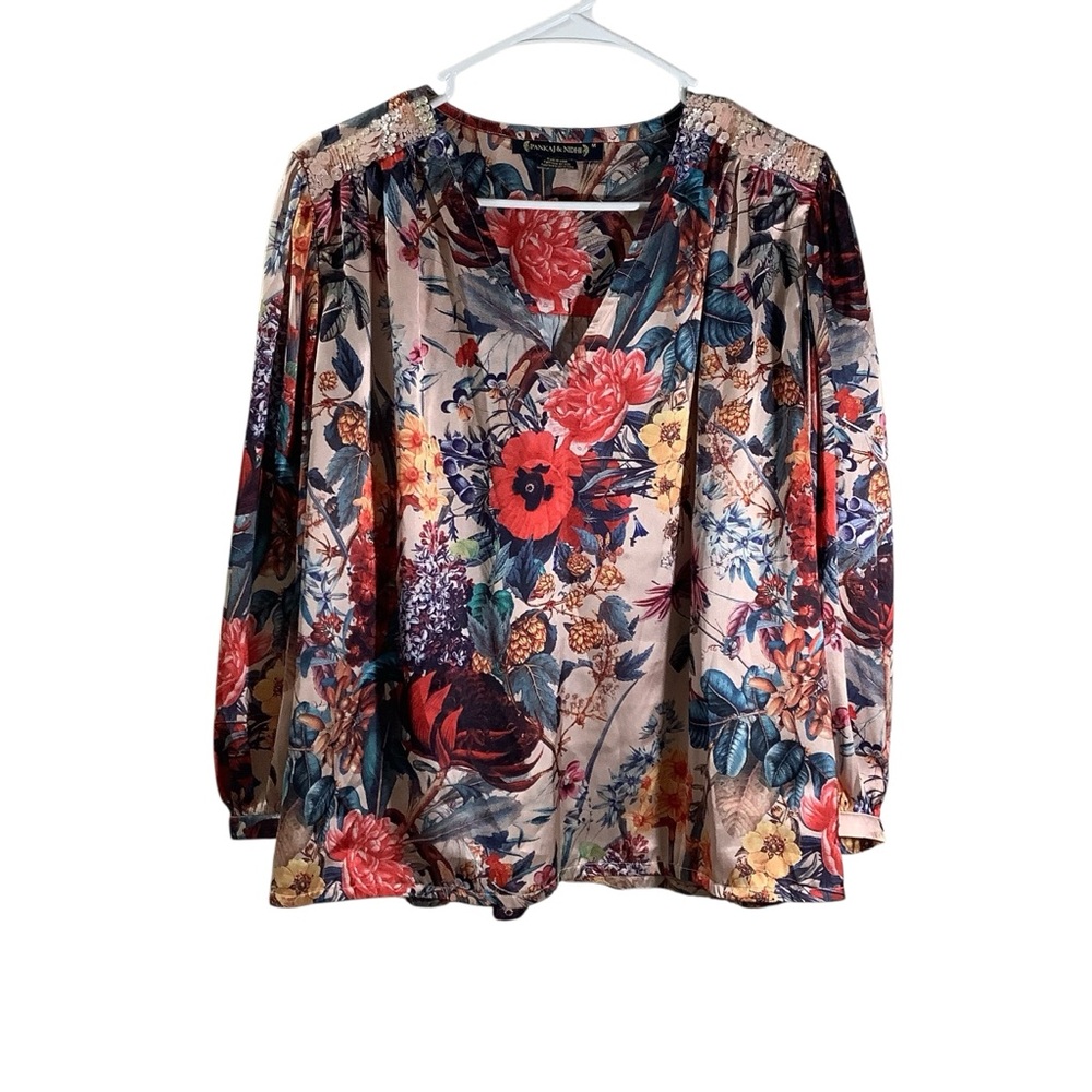 Pankaj & Nidhi Floral Print Women's V-Neck Satin Top